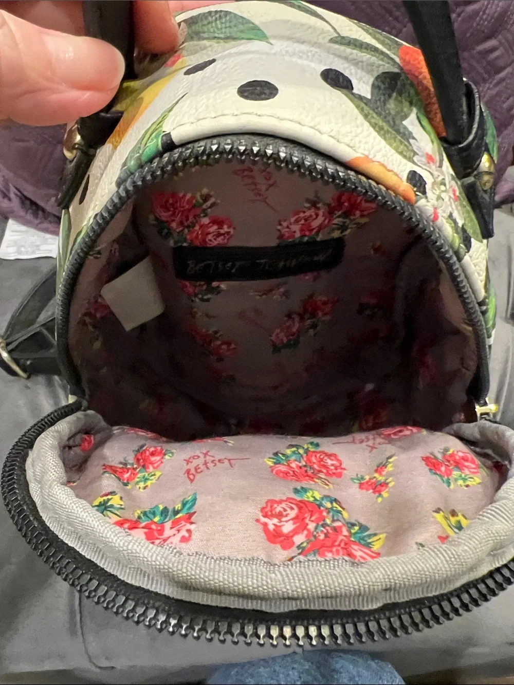 Betsey Johnson White Mini Backpack with Orange Citrus Print and Black Trim
